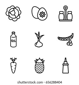 Ingredient icons set. set of 9 ingredient outline icons such as onion, peas, cabbage, oil, ketchup, carrot, easter egg, pepper