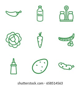 Ingredient icons set. set of 9 ingredient outline icons such as potato, carrot, peas, cabbage, oil, ketchup, pepper