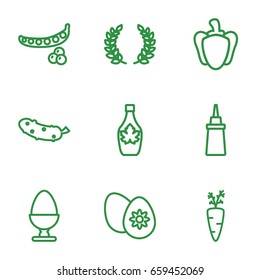 Ingredient icons set. set of 9 ingredient outline icons such as peas, ketchup, maple syrup, cucumber, pepper, easter egg, egg, olive branch