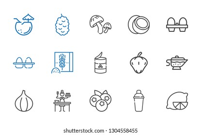 ingredient icons set. Collection of ingredient with lemon, shaker, blueberries, sauce, fig, pepper, peas, wheat flour, eggs, organic eggs. Editable and scalable ingredient icons.