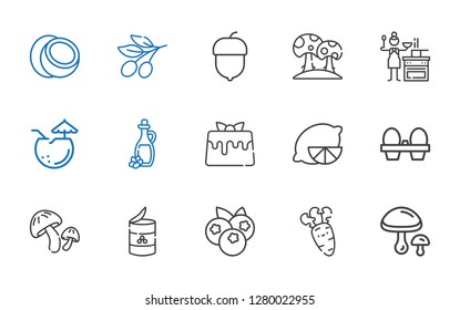 ingredient icons set. Collection of ingredient with mushrooms, carrot, blueberries, peas, mushroom, organic eggs, lemon, caramel, olive oil. Editable and scalable ingredient icons.