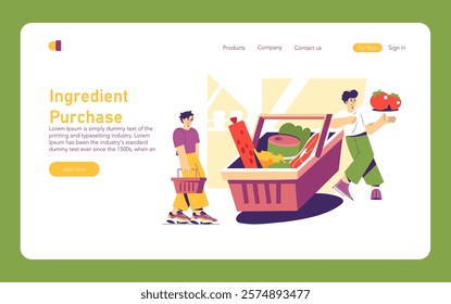 Ingredient Purchase concept. This illustration features two individuals engaged in shopping for fresh ingredients. They exude a sense of excitement and positivity while interacting with a cart filled