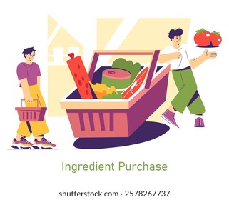 Ingredient Purchase concept. Two people engaging in a joyful shopping experience for pizza ingredients. A basket filled with fresh vegetables and meats highlights the importance of quality