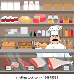 Ingredient shop building. Meat products color sketches set with skewers pork ribs chicken wings steaks and sausages vector isolated illustration. Nice Chef serving the dish vector illustration.