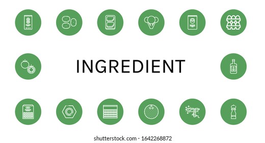 ingredient simple icons set. Contains such icons as Peanut, Potato, Chicken breast, Broccoli, Nuts, Eggs, Beans, Nut, Sugar, Coconut, Silicone, can be used for web, mobile and logo