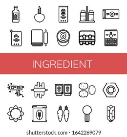ingredient simple icons set. Contains such icons as Yogurt, Mayonnaise, Onion, Dough, Peanut, Sour cream, Salt and pepper, Eggs, Butter, Onion rings, can be used for web, mobile and logo