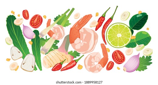 Ingredient of Tomyum Soup isolated on white background.Spices and herbs with  shrimp isolated on white background.