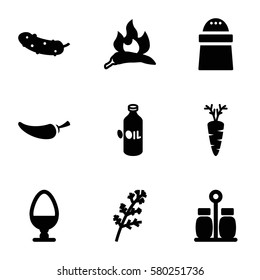 ingredient vector icons. Set of 9 ingredient filled icons such as deel, chili, oil, pepper, cucumber, carrot