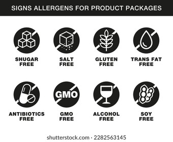 Ingredient warning icon set. Allergen free icons. Gluten, gmo, sugar, salt, soy, alcohol, antibiotic, oil free or trans fat free labels. Packaging badges design, vector illustration.