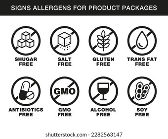 Ingredient warning icon set. Allergen free icons. Gluten, gmo, sugar, salt, soy, alcohol, antibiotic, oil free or trans fat free labels. Packaging badges design, vector illustration.