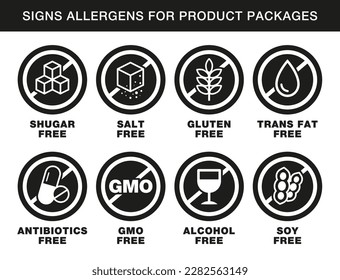 Ingredient warning icon set. Allergen free icons. Gluten, gmo, sugar, salt, soy, alcohol, antibiotic, oil free or trans fat free labels. Packaging badges design, vector illustration.