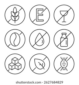 Ingredient warning sign set. Allergen free line icon collection. Vector.