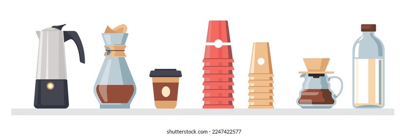 Ingredients and appliances for brewing coffee. Isolated kettle with boiling water, plastic cup with lid, milk and sugar. Tasty beverages to go and take away. Shop or cafe service. Vector in flat style