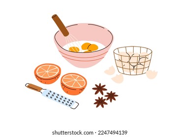 Ingredients for bakery, cooking process. Raw eggs and mixing whisk in bowl, grater for orange peel, anise spice. Preparing sweet winter dessert. Flat vector illustration isolated on white background