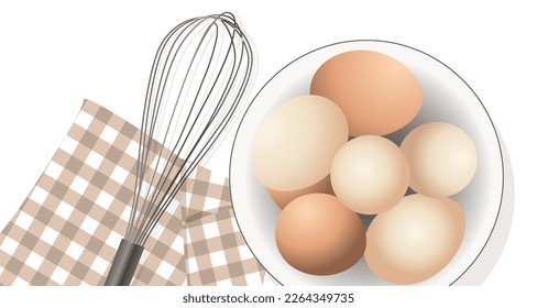 Ingredients for bakery, cooking process. Raw eggs and mixing whisk, checkered napkin. Vector illustration isolated on white background