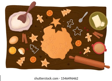 Ingredientes Para Hacer Cookies De Navidad. Preparando galletas. Galletitas caseras de pan de jengibre con ingredientes para el horneado de Navidad y utensilios de cocina en la mesa. Ilustración del vector