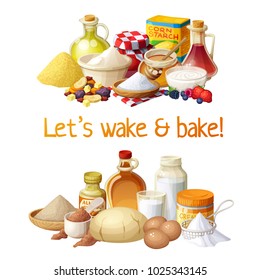 Ingredients for baking   cooking vector illustration  Food set and oils  milk  flour  sugar  eggs  cacao powder  cream  honey  corn