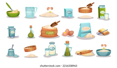 Ingredients for Baking with Flour, Eggs, Milk, Salt, Soda, Butter and Oil Vector Set