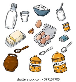 Ingredients for baking: flour, eggs, yeast, milk, sugar, sour cream, butter, yogurt. Cartoon vector illustration on a white background