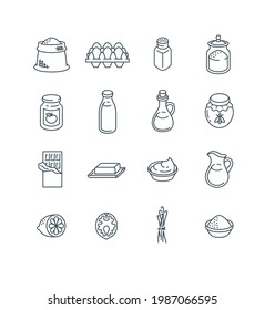 Ingredients for baking at home. Raw products for preparing homemade pastry. Thin line icons. Simple outline pictograms of flour, salt, sugar, milk, butter, oil, eggs, jam, honey, chocolate, vanilla