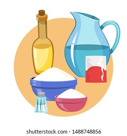 Ingredients for baking homemade bread. Flour and yeast, salt and oil ingredients. Isolated vector illustration in cartoon style