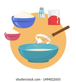 Ingredients for baking homemade bread. Flour and yeast, salt ingredient. Preparation of dough. Vector illustration in flat style