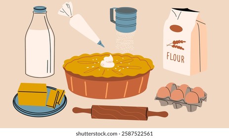 Ingredients for baking. Milk, pastry bag, eggs, rolling pin, flour, butter, powdered sugar.