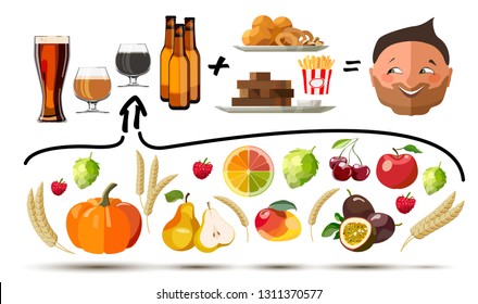 Ingredients of Beer,  flavor of cider, snacks, happy brewer, set icons for creating your infographics, sticker, patch, label, badge. Craft brewing Vector illustration. All elements are separated.
