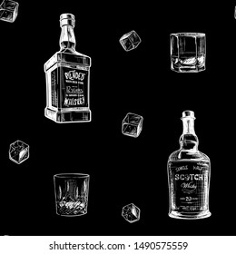 Ingredients for the best whiskey taste. Bottles, classes and ice cubes. Seamless pattern. EPS10 vector illustration.