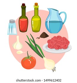 Ingredients for bolognese sauce cooking at home. Sauce for spaghetti, delicious homemade dinner. Isolated vector illustration in cartoon style
