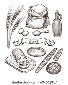 Ingredients and bread set. Hand drawn vector illustration. Isolated on white background. Vintage style.