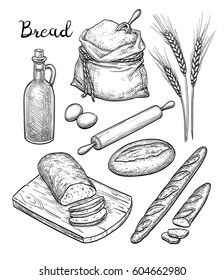 Ingredients and bread set. Hand drawn vector illustration. Isolated on white background. Retro style.