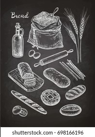 Ingredients and breads set. Sketch with chalk on blackboard background. Hand drawn vector illustration. Retro style.