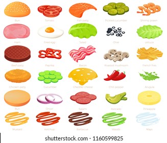 Ingredients burger designer. Constructor of food and meat and vegetables and cheese and fish