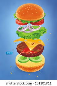 Ingredients for a burger fall on a roll. Hamburger on blue background. Vector illustration