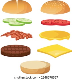 Zu den Zutaten von Burger gehören Knospen, Tomate, Gurken, Schmelztiegel, Ceddar Chesse, Patrizia und Speck. Einfache Vektorgrafik