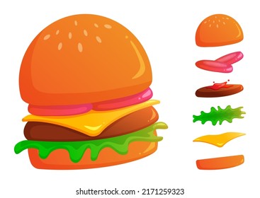 Ingredients Of Burger And Sandwich. Sliced Veggies, Bun, Cutlet, Bread, Tomato, Meat, Sauce, Lettuce, Cheese. Vector Illustration Cartoon Flat Isolated On White.