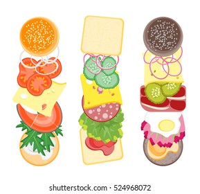 Ingredients for Burgers and Sandwiches Set Create Fast Food Flat Design Style. Vector illustration