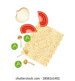 Ingredients For Chinese Noodle Preparation With Mushroom, Tomatoes And Noodle Vector Illustration