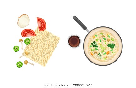 Ingredients for Chinese Noodle Preparation with Mushroom and Tomatoes and Served Dish Vector Set