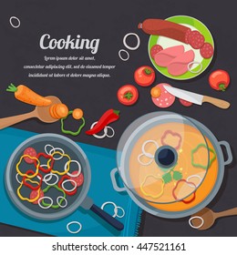 Ingredients for cooking and dishes, cutlery and spices. Vector illustration.