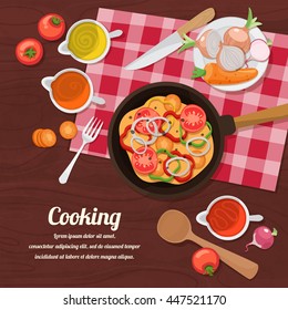 Ingredients for cooking and dishes, cutlery and spices. Vector illustration.
