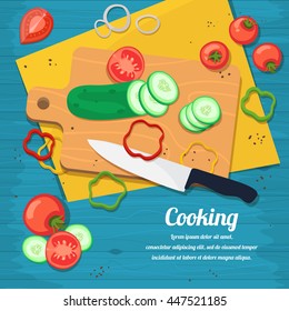 Ingredients for cooking and dishes, cutlery and spices. Vector illustration.