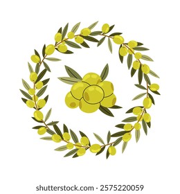 Ingredients for cooking. Green olive branch wreath. Hand drawn natural vector frame. Healthy food illustration. Round foliated frame with olives.