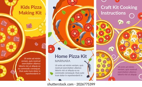 Ingredients for cooking italian dishes at home, handmade pizza set for kids. Vegetables and dough, order service and practice culinary art. Preparing dinner and hawaiian taste. Vector in flat style