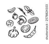 Ingredients for cooking. Mushrooms, onion, garlic, cucumber, cherry tomato, basil leaf and chili pepper in black isolated on white. Hand drawn vector sketch illustration in vintage charcoal ink style