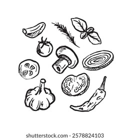 Ingredients for cooking. Mushrooms, onion, garlic, cucumber, cherry tomato, basil leaf and chili pepper in black isolated on white. Hand drawn vector sketch illustration in vintage charcoal ink style