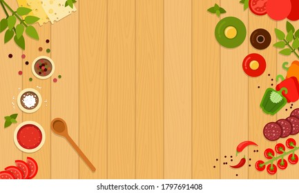 Ingredients for cooking pizza pepperoni. Vector illustration in flat design. Top view meal.