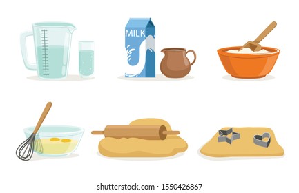 Ingredients And Cookware For Making Dough And Cookies Vector Illustration Set Isolated On White Background