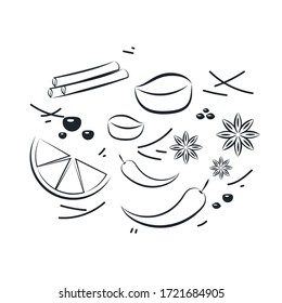 Ingredients doodle pattern wallpaper. lemon doodle vector. Herb doodle symbol.